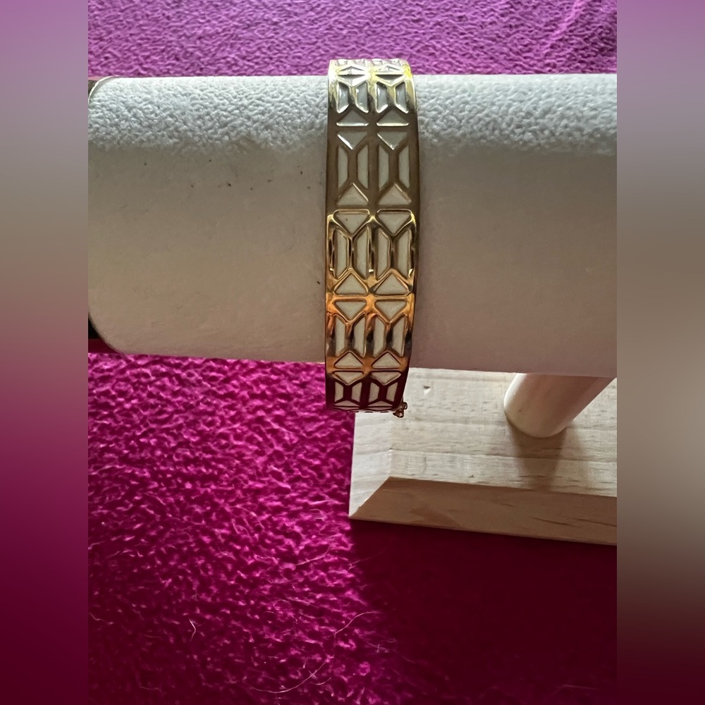 Trellis Goldtone and White Bangle Bracelet